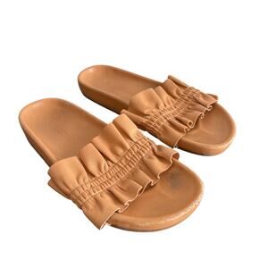 Ulla Johnson Womens Leather Ruffle Open Toe Slides Beige Size 9